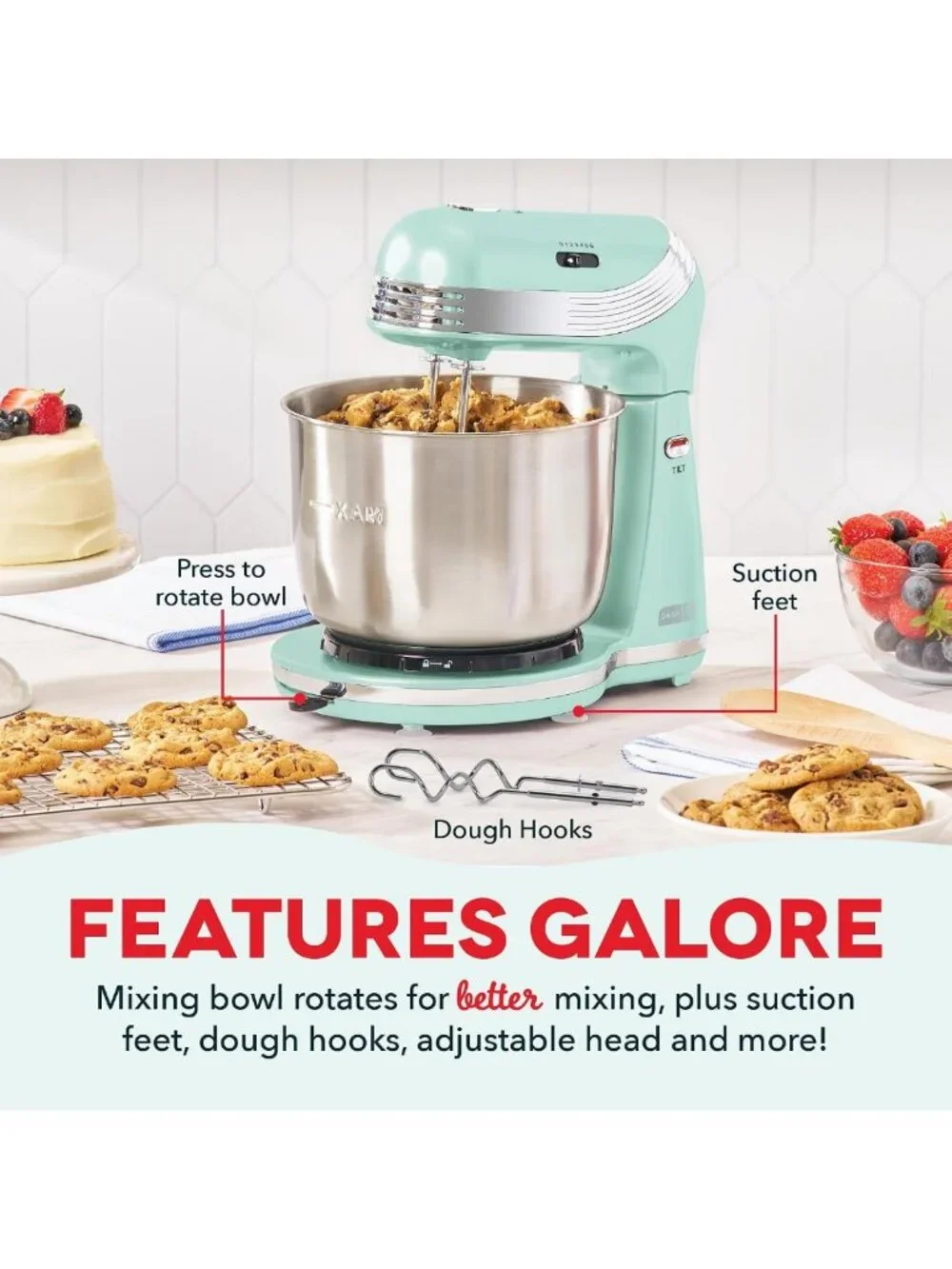 Compact Tilt-Head Stand Mixer - 6-Speed Power, Stainless Steel Bowl, Aqua